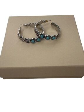 Turquoise Accent Silver Hoop Earrings - Women Jewelry